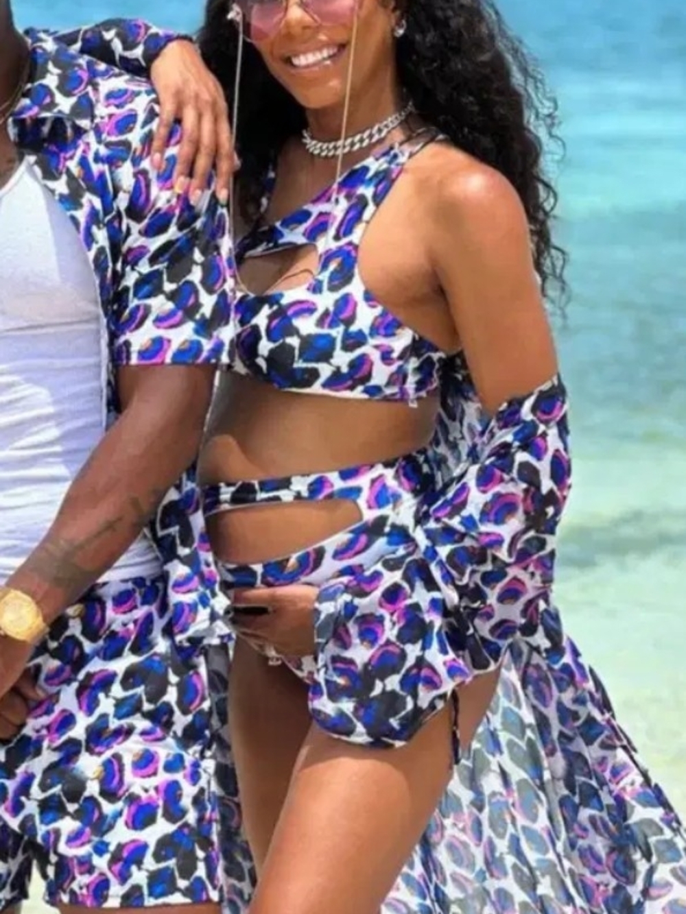 Keva J Madison Asymmetrical High Waist Bikini In Batik Water Color With Kimono